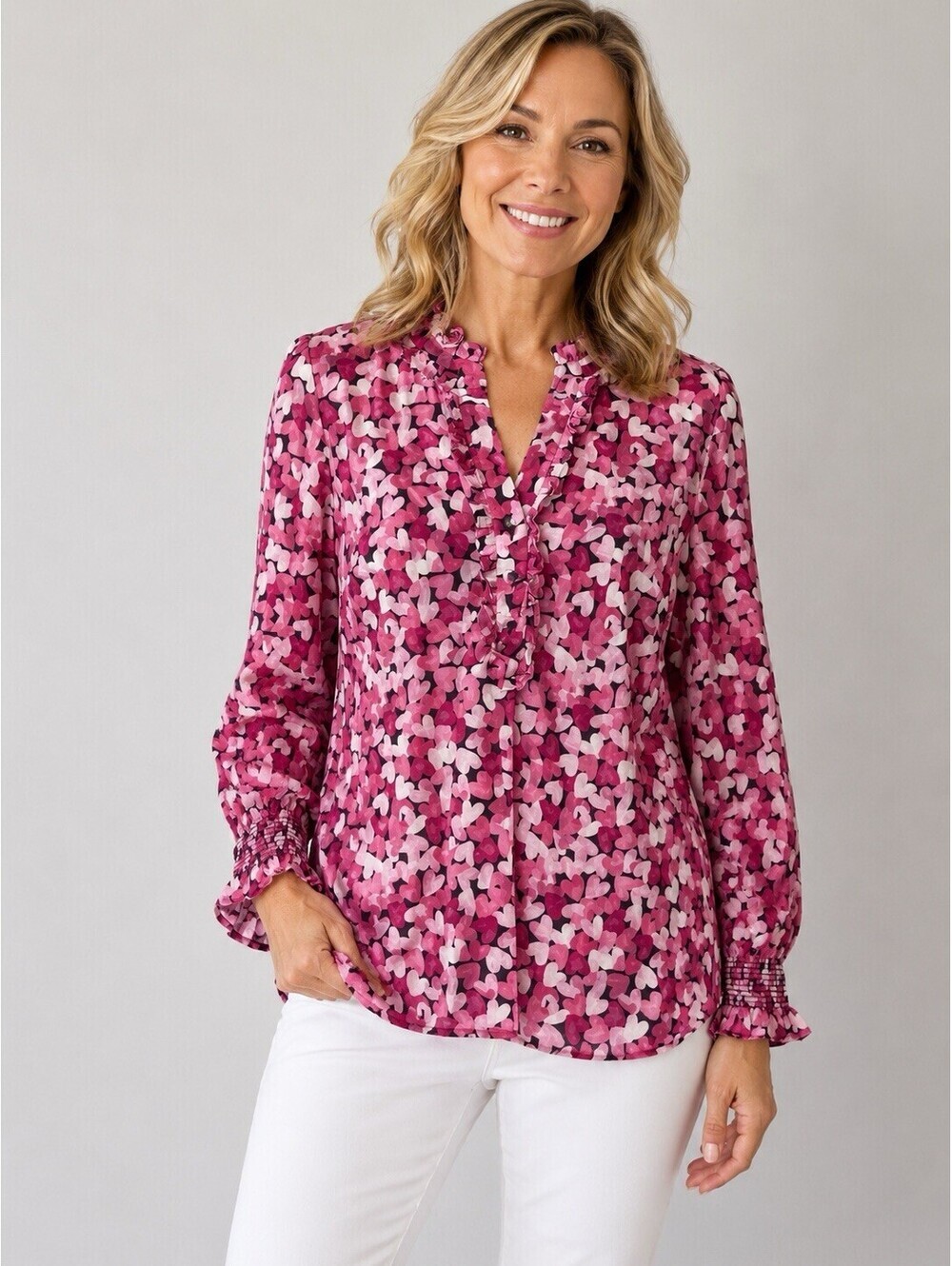 Talbots Heart Print Tunic Blouse Women’s MP Petite Medium Pink Romantic Preppy